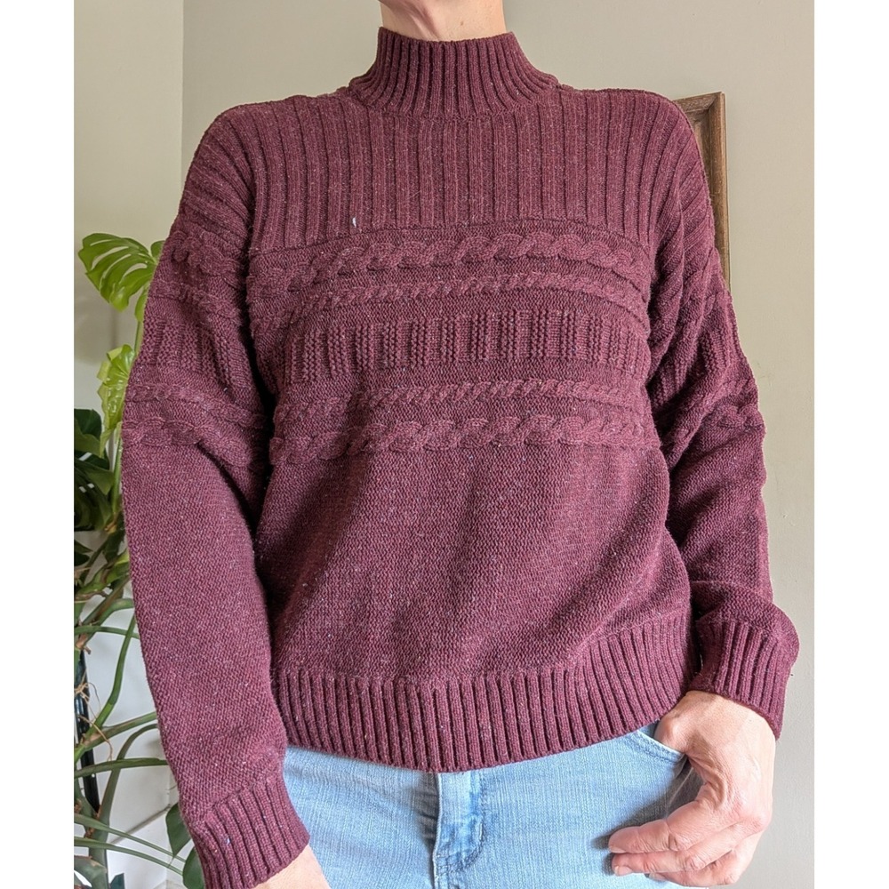Prana Cable Knit Sweater Mock Neck Nordic Fisherman Chunky Maroon Purple Outdoor